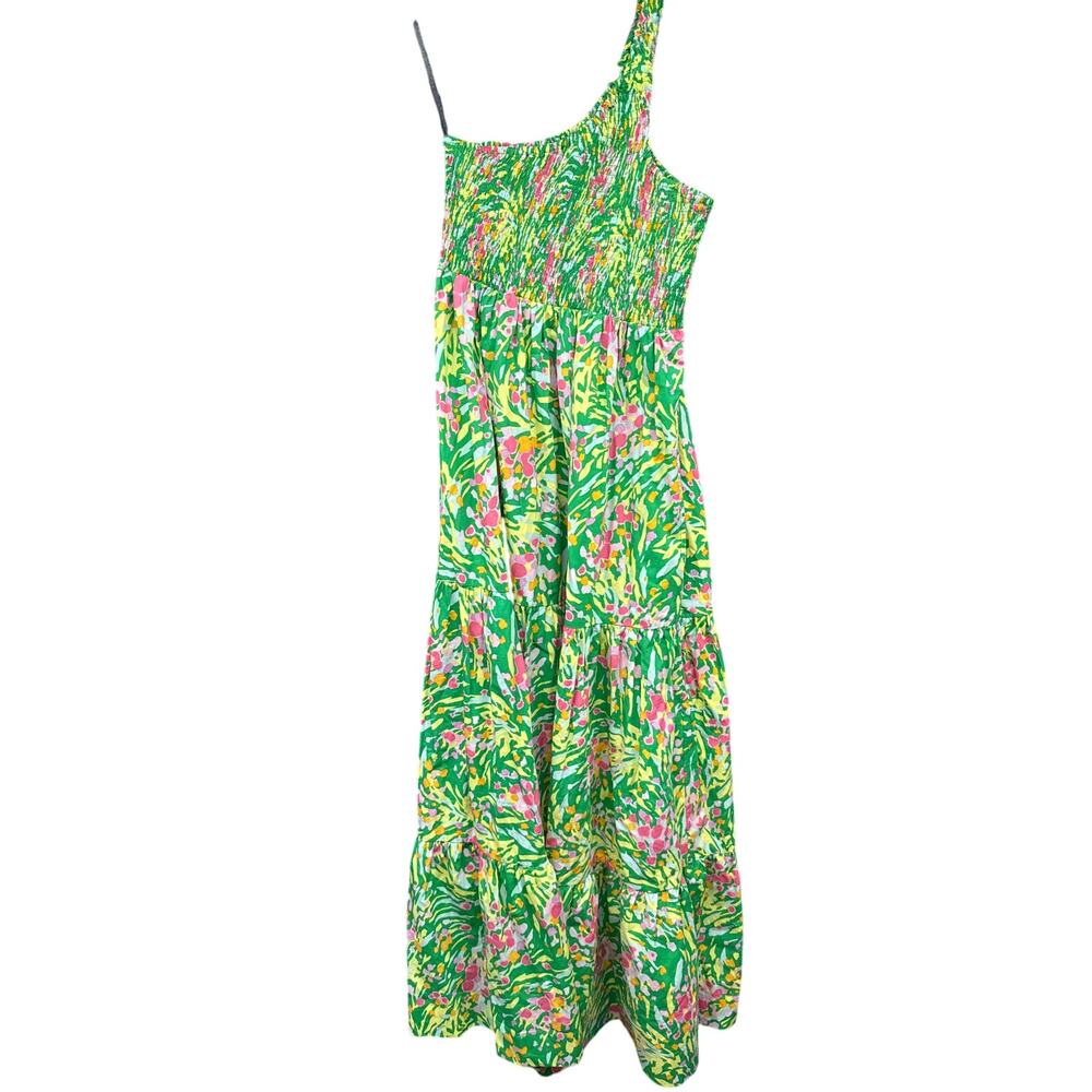 Anthropologie S/W/F SWF Maxi Dress Green Tiered Stretchy One Shoulder Shirred